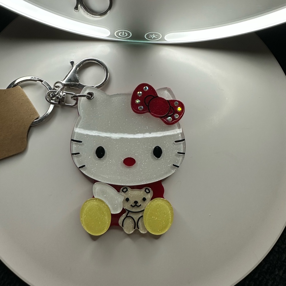 Hello Kitty Style Red & White Kids mirror Keychain with Bear Accent